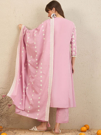 Floral Embroidered Pleated Pure Cotton A-Line Kurta With Trousers & Dupatta