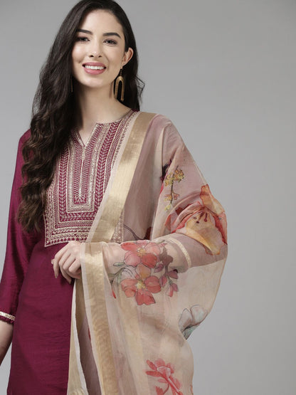 Burgundy & Gold Striped Yoke Thread Work Liva Straight Kurta Trousers & Dupatta