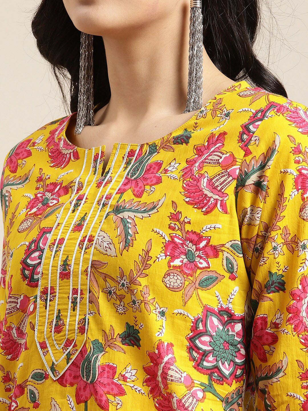 Dhiyona VA Women's Yellow Floral Printed Straight Pure Cotton Kurta & Sharara With Dupatta