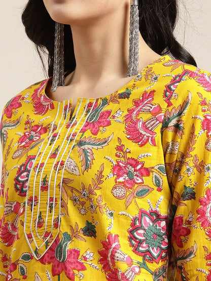 Dhiyona VA Women's Yellow Floral Printed Straight Pure Cotton Kurta & Sharara With Dupatta