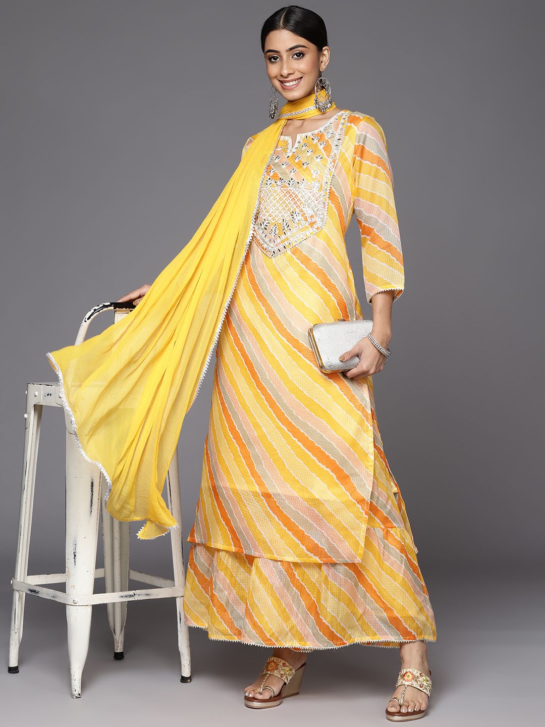 Dhiyona VA Women's Yellow Leheriya Printed Gotta Patti Chanderi Cotton Kurta with Sharara & With Dupatta