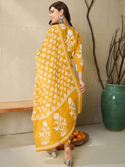 Dhiyona IE Floral Printed V-Neck Pure Cotton Straight Kurta With Trousers & Dupatta