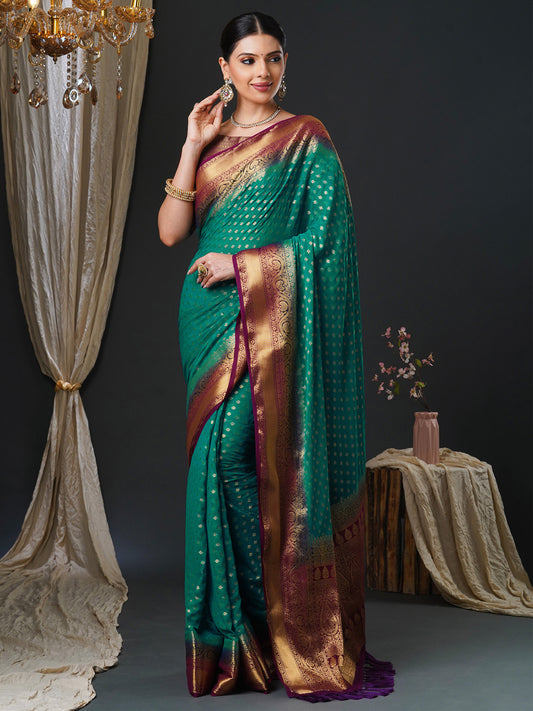 Women's Georgette Burgundy Woven Design Designer Saree With Blouse Piece