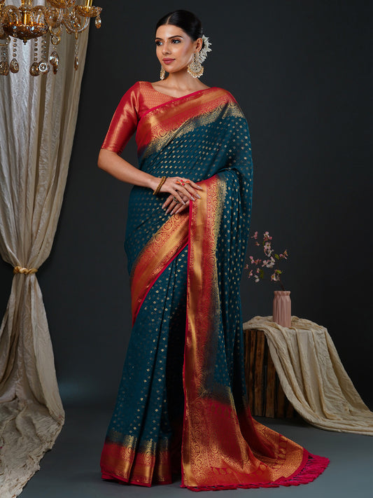 Women's Georgette Red Woven Design Designer Saree With Blouse Piece
