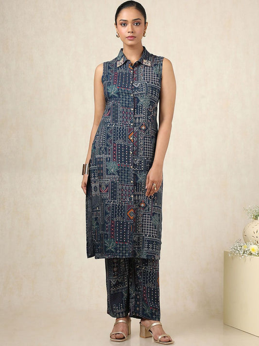 Dhiyona SO Women's Ethnic Motifs Printed Sequinned Shirt Collar Sleeveless Straight Kurta With Palazzos