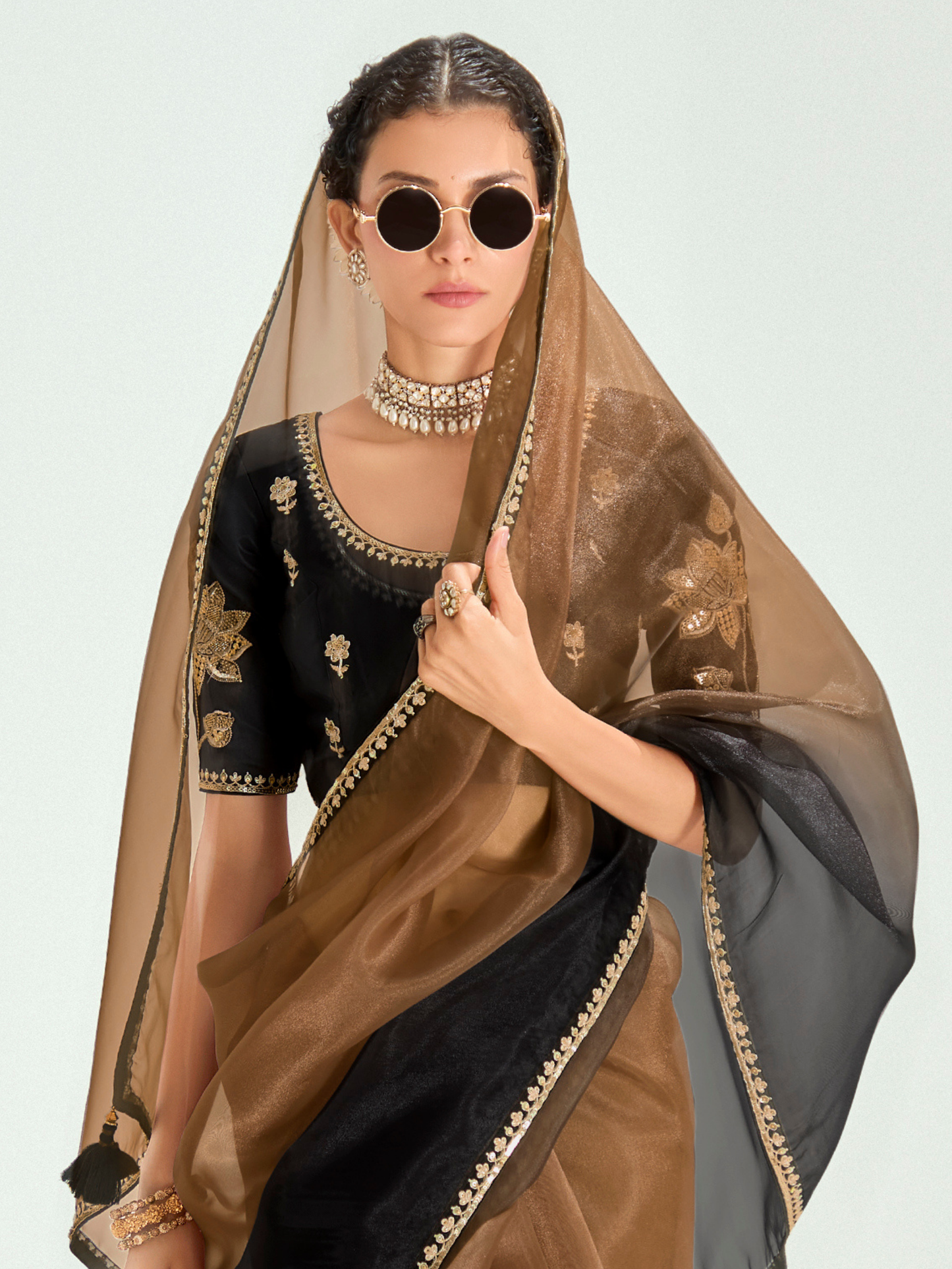Dhiyona KM Women Black & Brown Shade Organza Saree