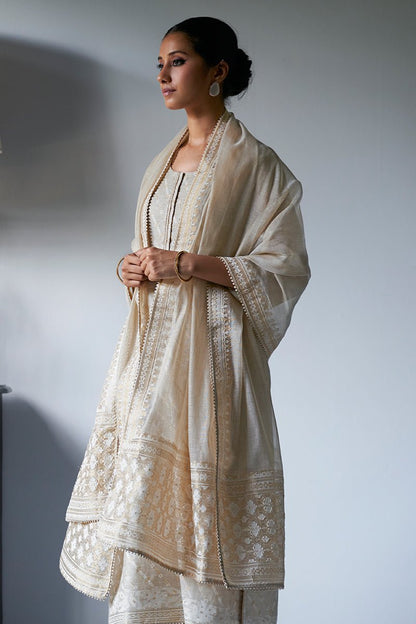Women's Fog Beige Woven Viscose Chanderi Zari Kurta Suit Set With Delicate Embroidery Detailing