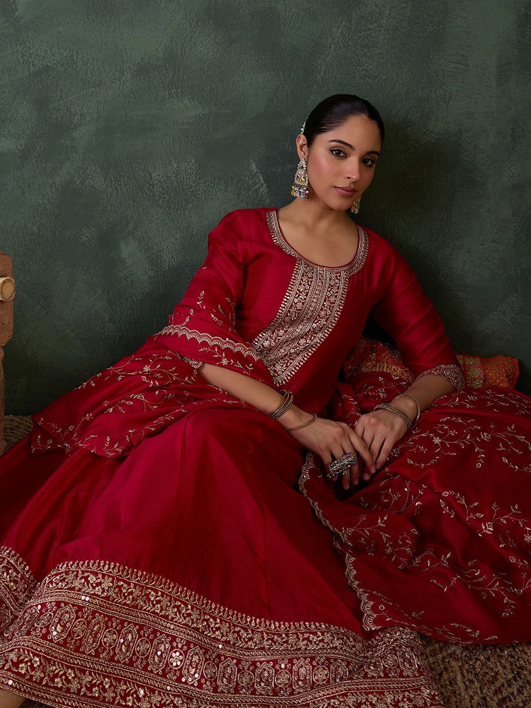 Women Ethnic Motifs Embroidered Sequinned Kurta with Trousers & With Dupatta