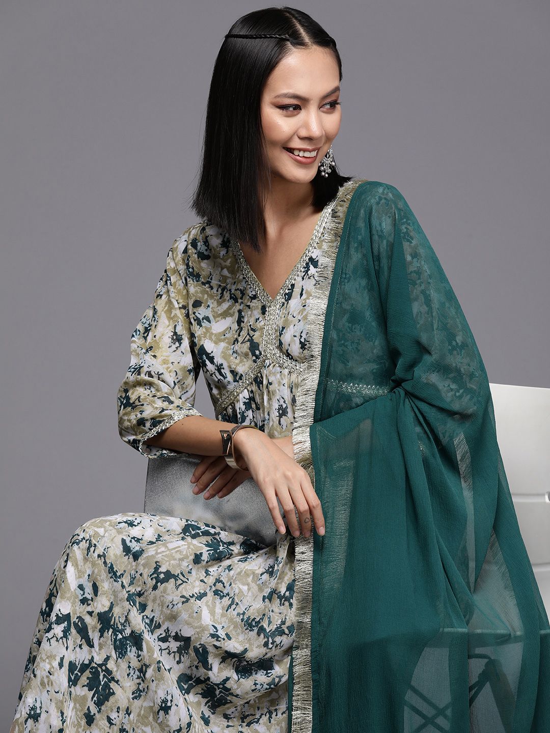 Dhiyona VA Women's Printed Pleated Silk Georgette Kurta with Trousers & Dupatta
