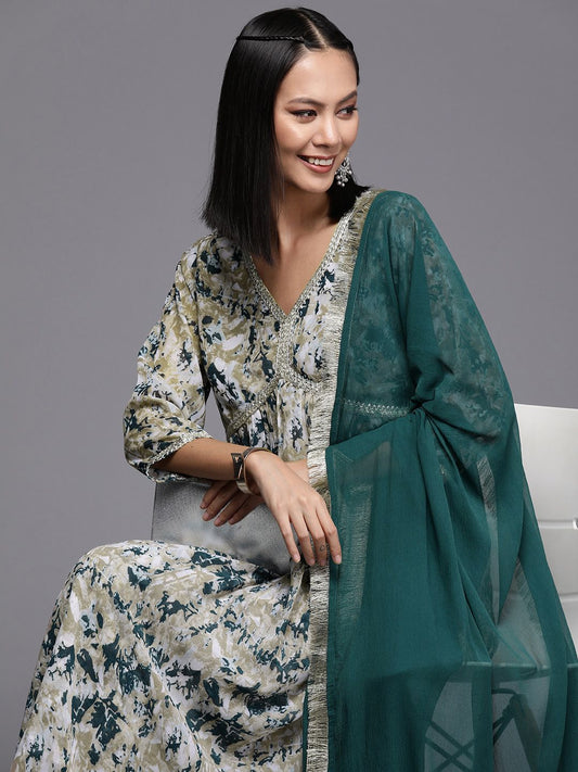Dhiyona VA Women's Printed Pleated Silk Georgette Kurta with Trousers & Dupatta