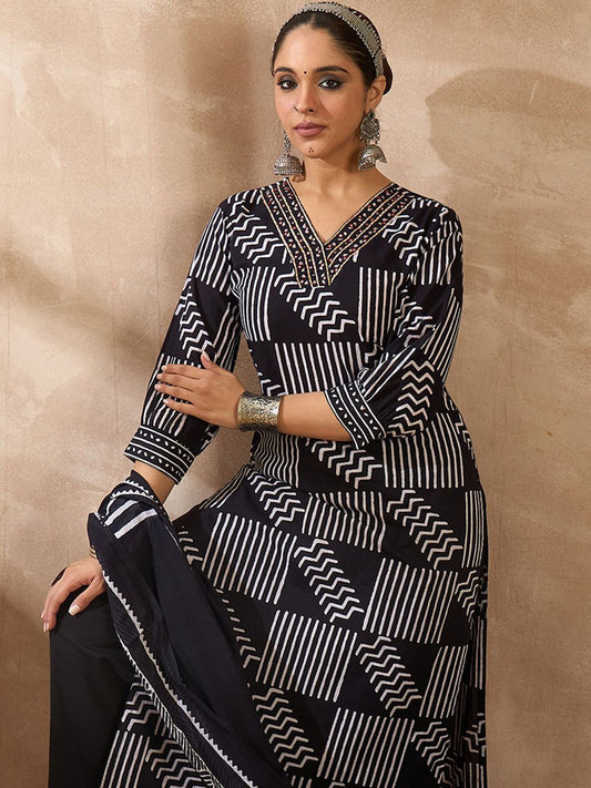 Dhiyona IE Geometric Printed V Neck Pure Cotton Kurta With Trousers & Dupatta