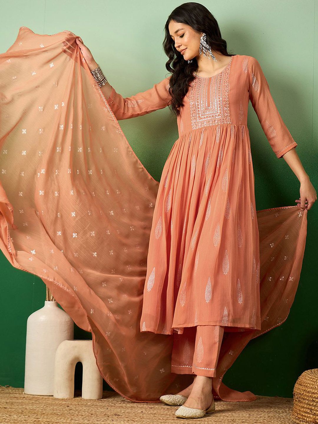 Dhiyona SN Women's Peach Floral Embroidered A-Line Kurta With Trouser & Dupatta