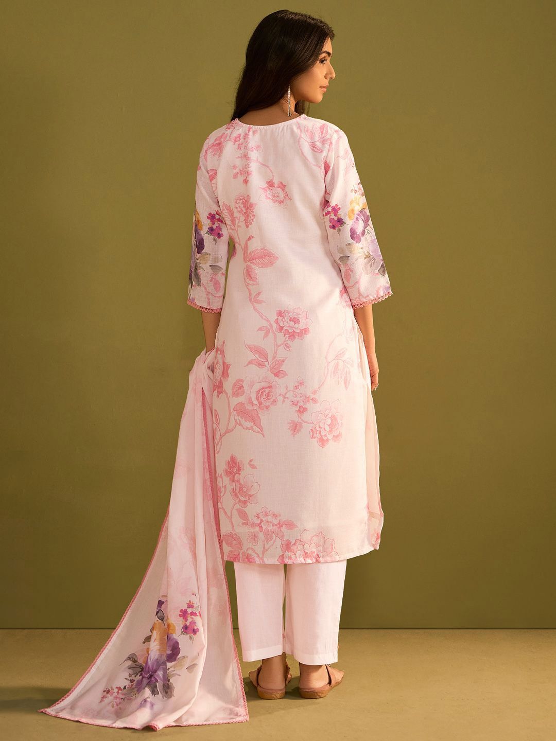 Floral Printed V Neck Linen Kurta With Trousers & Dupatta
