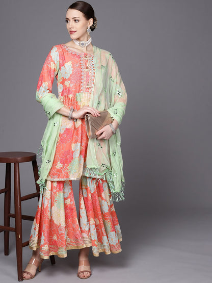 Dhiyona VA Women's Coral Floral Printed Empire Mirror Work Kurta with Sharara & With Dupatta