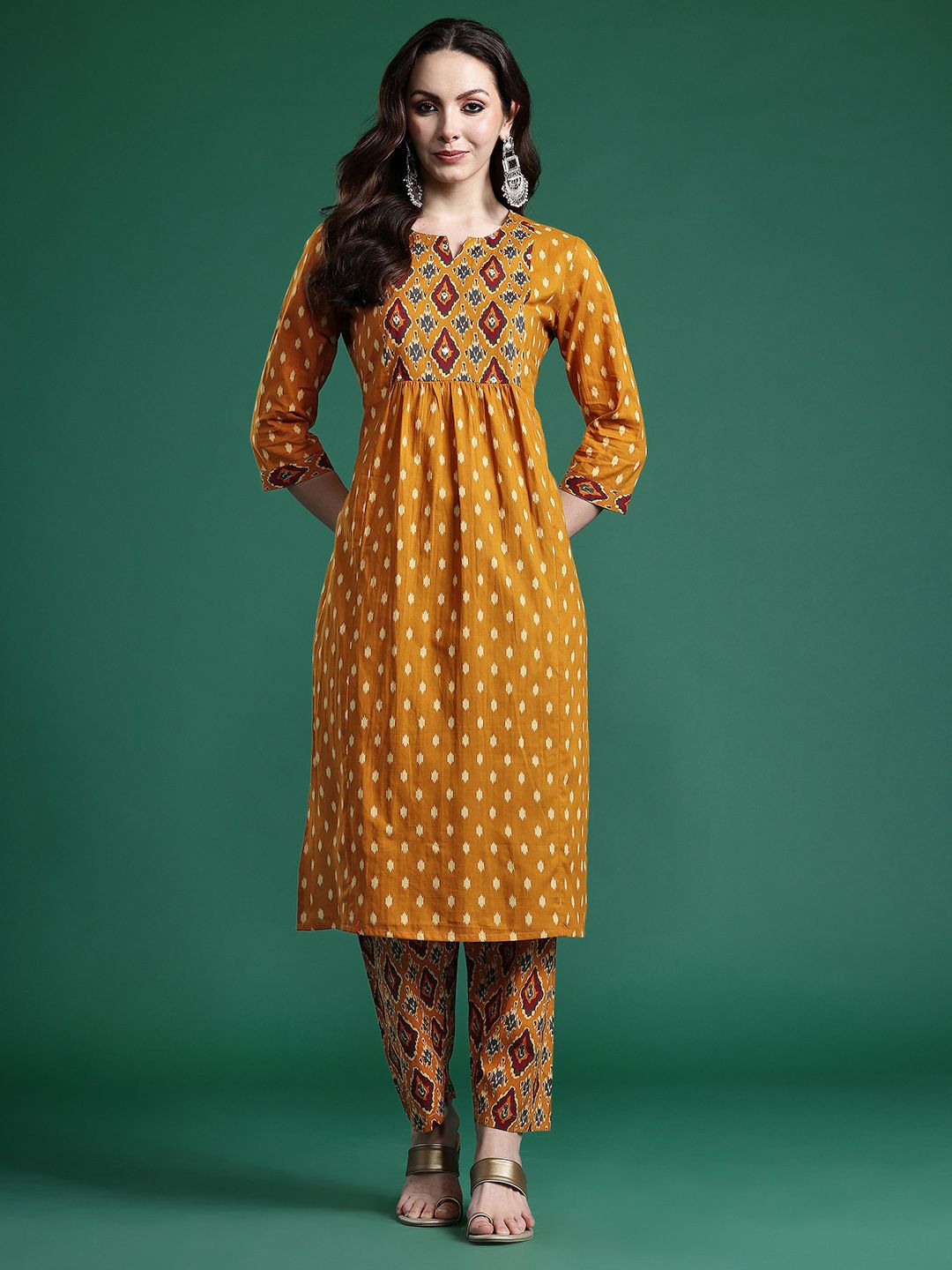 Dhiyona IE Women Printed Pleated Mirror Work Pure Cotton Kurta with Trousers
