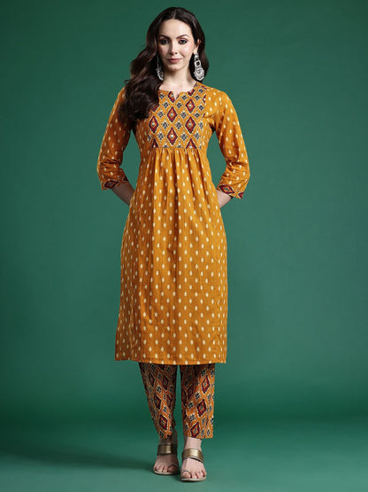 Dhiyona IE Women Printed Pleated Mirror Work Pure Cotton Kurta with Trousers