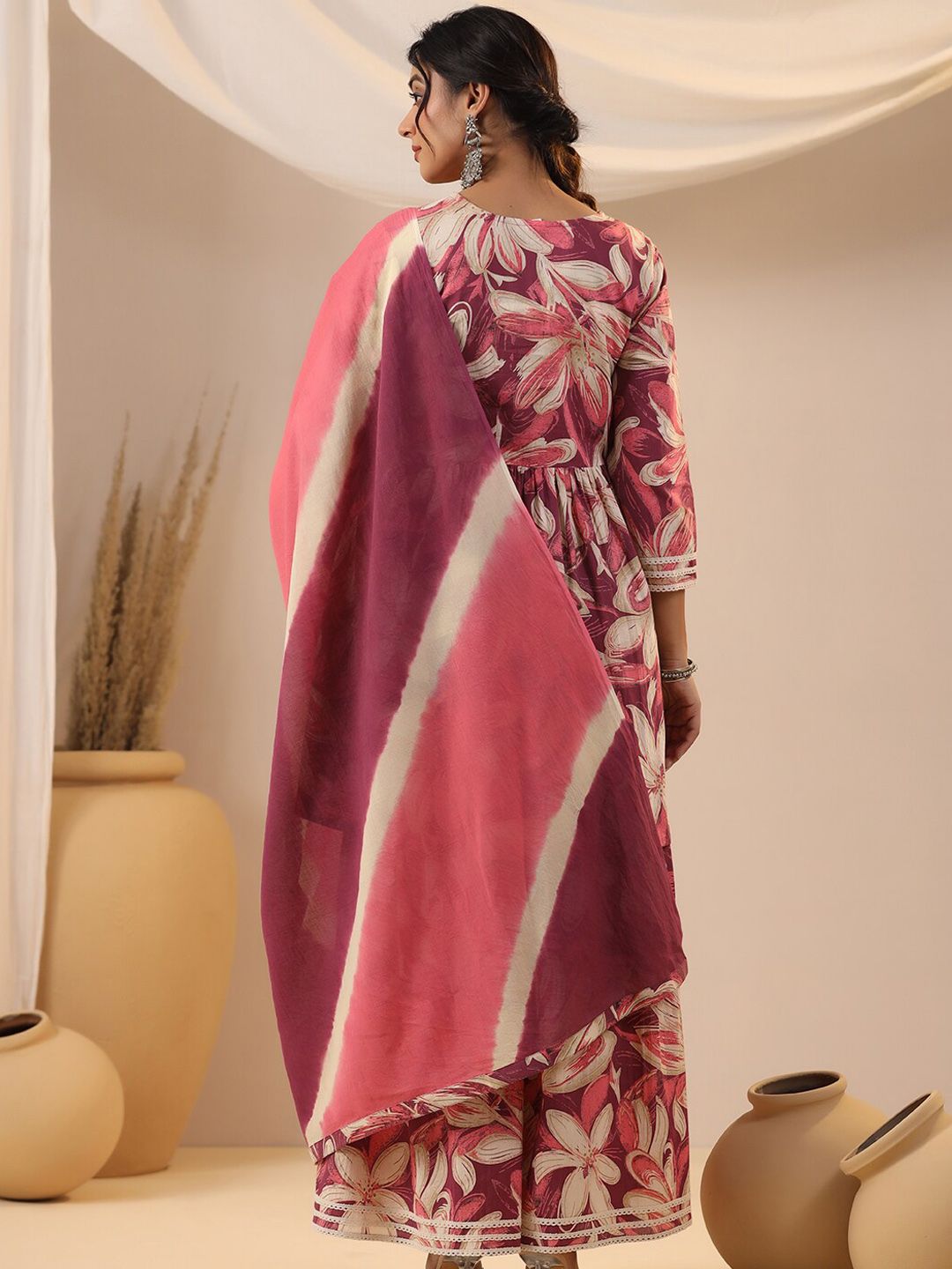 Dhiyona IS Women's Floral Printed Cotton Angrakha A-line Kurta with Sharara and Mulmul Dupatta