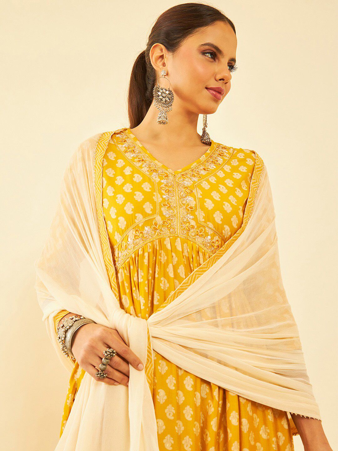 Dhiyona SO Women's Mustard Yellow Floral Printed Sequinned A-Line Kurta with Trousers & Dupatta