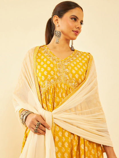 Dhiyona SO Women's Mustard Yellow Floral Printed Sequinned A-Line Kurta with Trousers & Dupatta