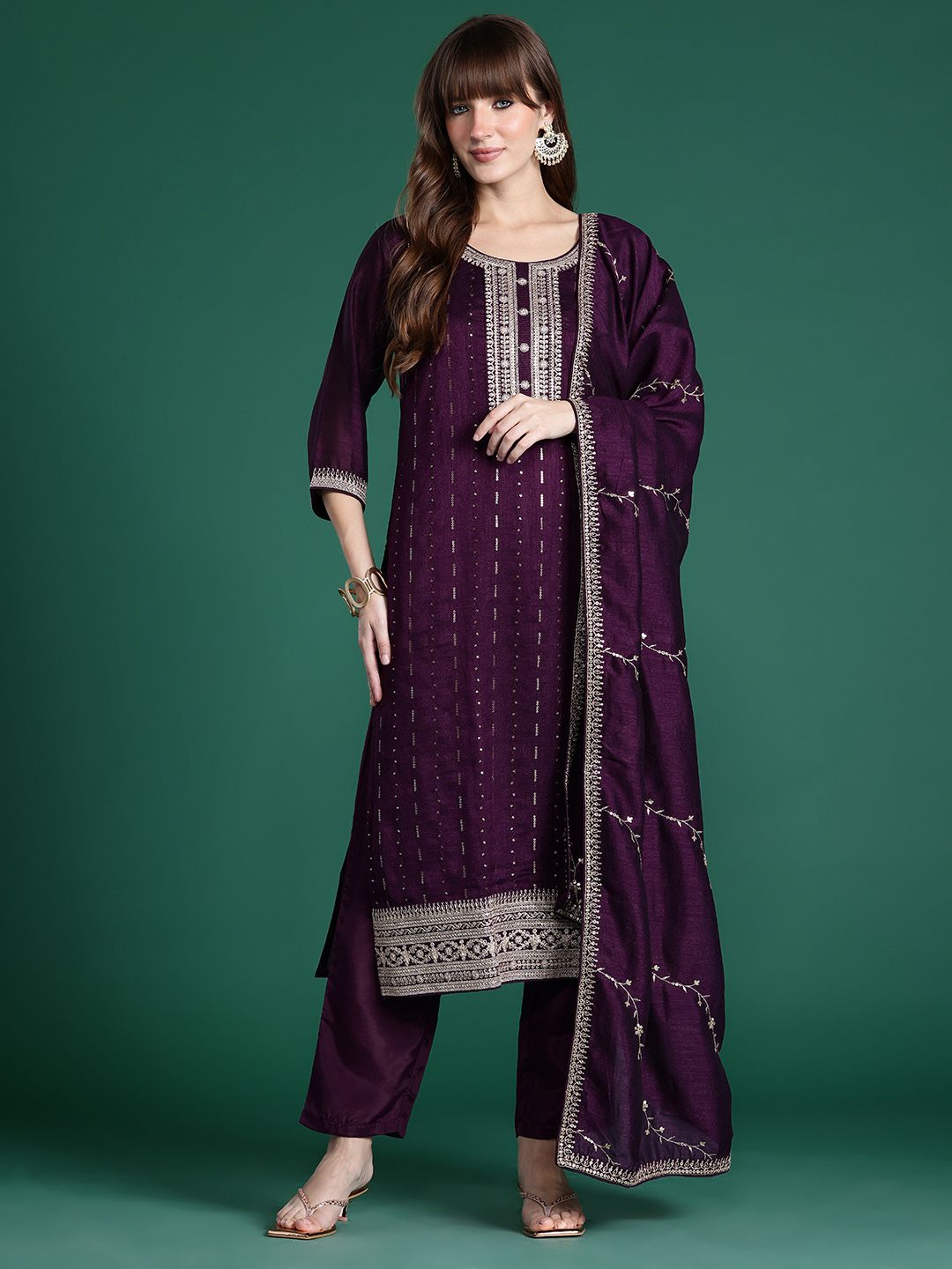 Ethnic Motifs Embroidered Sequinned Kurta with Trousers & Dupatta