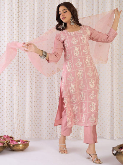 Dhiyona IE Floral Embroidered Thread Work Straight Kurta With Trouser And Dupatta