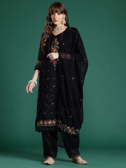 Dhiyona IE Floral Embroidered Panelled Thread Work Kurta with Trousers & With Dupatta