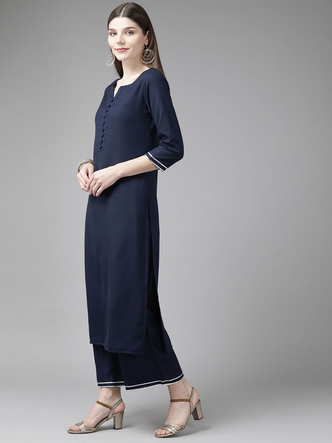 Women Navy Blue Kurta with Palazzos & With Dupatta