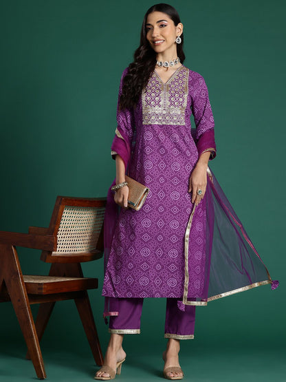 Bandhani Printed Sequinned Pure Cotton Kurta With Trousers & Dupatta