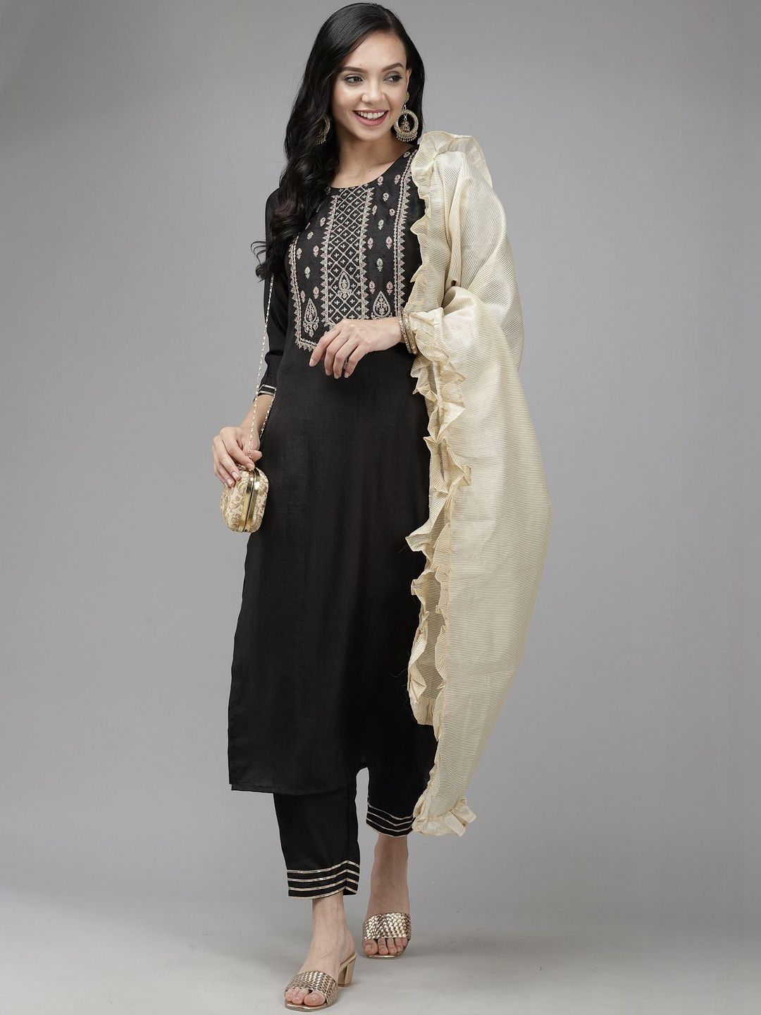 Women Ethnic Motifs Embroidered Regular Thread Work Liva Kurta with Trousers & With Dupatta