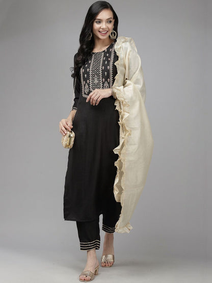 Women Ethnic Motifs Embroidered Regular Thread Work Liva Kurta with Trousers & With Dupatta