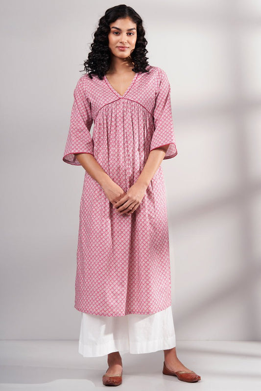 Women's Pink Premium Cotton Printed Kurta With Cotton Bottom
