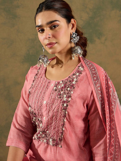 Floral Embroidered Regular Chanderi Silk Straight Kurta with Trousers & Dupatta