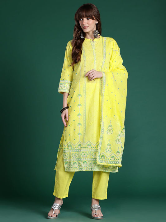 Dhiyona IE Ethnic Motifs Printed Beads & Stones Pure Cotton Kurta Set
