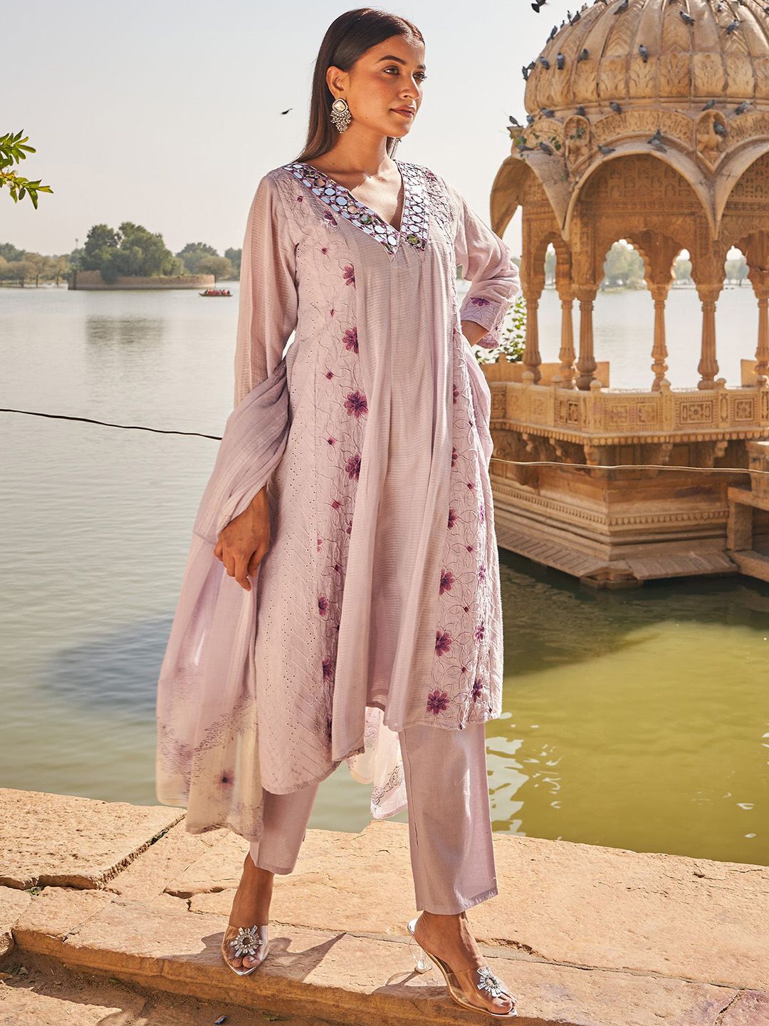 Floral Embroidered Mirror Work Anarkali Pure Cotton Kurta With Trousers & Dupatta