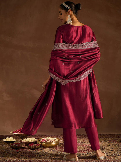 Dhiyona IE Ethnic Motifs Embroidered Thread Work Straight Kurta with Trousers & Dupatta