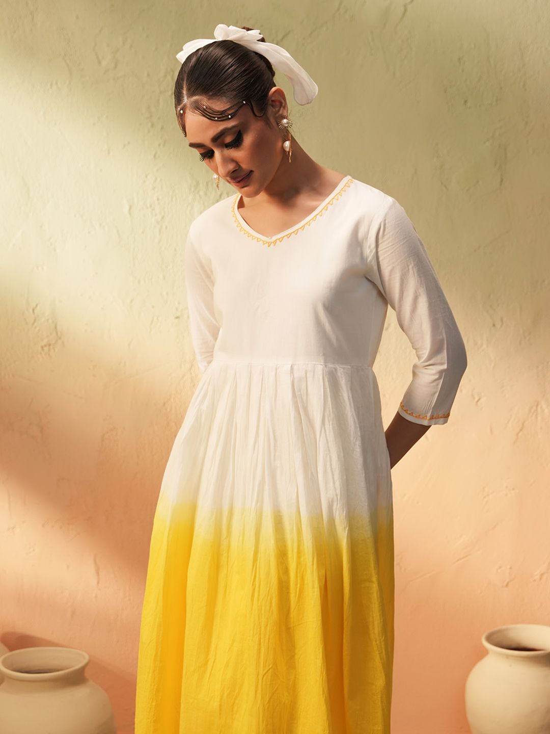 Dhiyona IS Women's Yellow Ombre Dyed Angrakha Pure Cotton Anarkali Kurta With Trousers