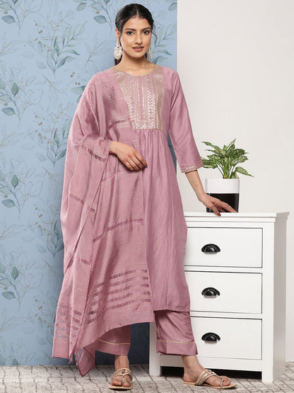 Dhiyona VA Women's Mauve Floral Embroidered Sequinned Kurta with Trousers & With Dupatta