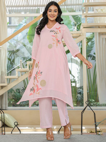Dhiyona IE Floral Embroidered Pure Cotton Tunic With Trousers Co-Ords