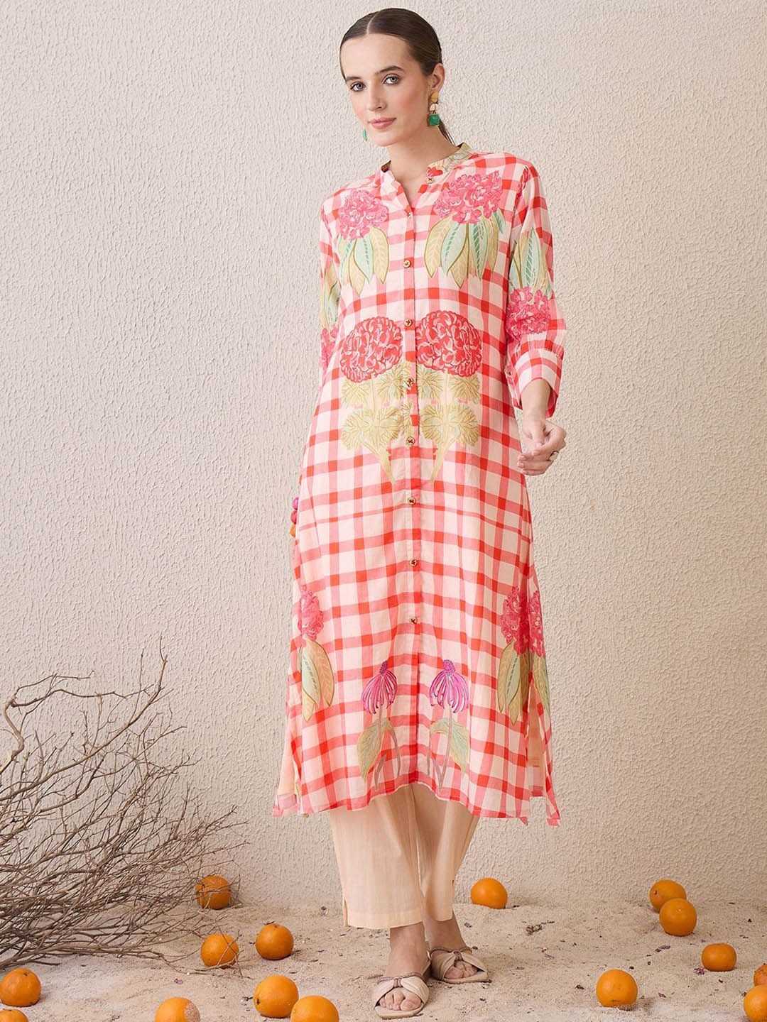 Dhiyona IE Floral Printed Mandarin Collar Pure Cotton A-Line Kurta With Trouser