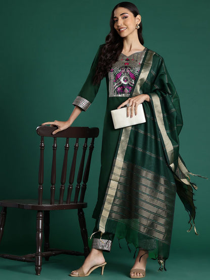 Dhiyona IE Ethnic Motifs Yoke Design Pure Cotton Kurta With Trousers & Dupatta
