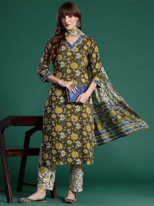 Dhiyona IE Floral Printed Pure Cotton Kurta with Trousers & With Dupatta
