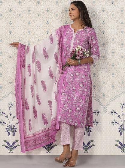 Dhiyona OD  Printed Notched Neck Pure Cotton Kurta With Trousers & Dupatta