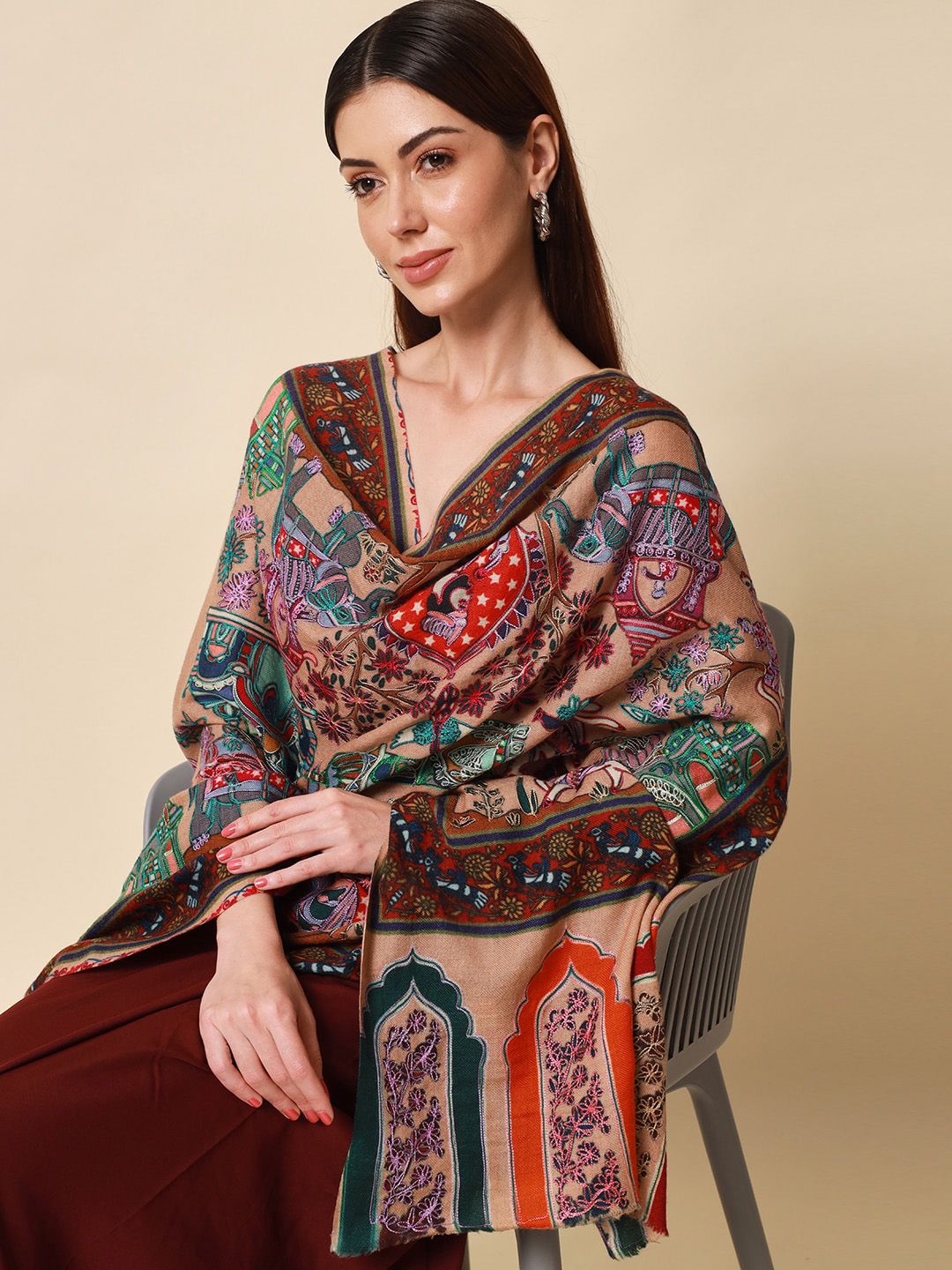Dhiyona PA Women Beige Embroidered Pure Wool Shawl