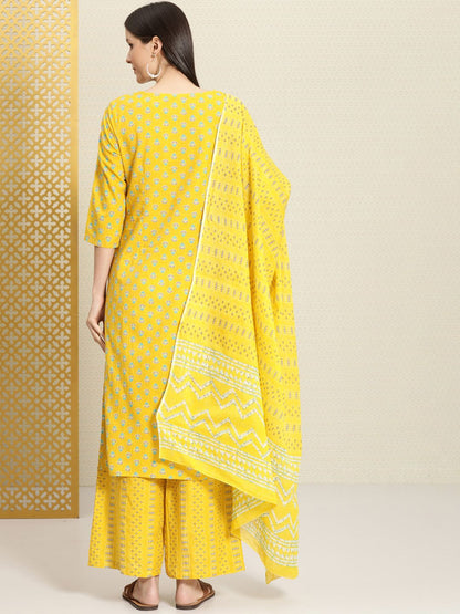 Dhiyona PD Women Women Yellow Printed Cotton Rozana Kurta with Palazzos & With Dupatta