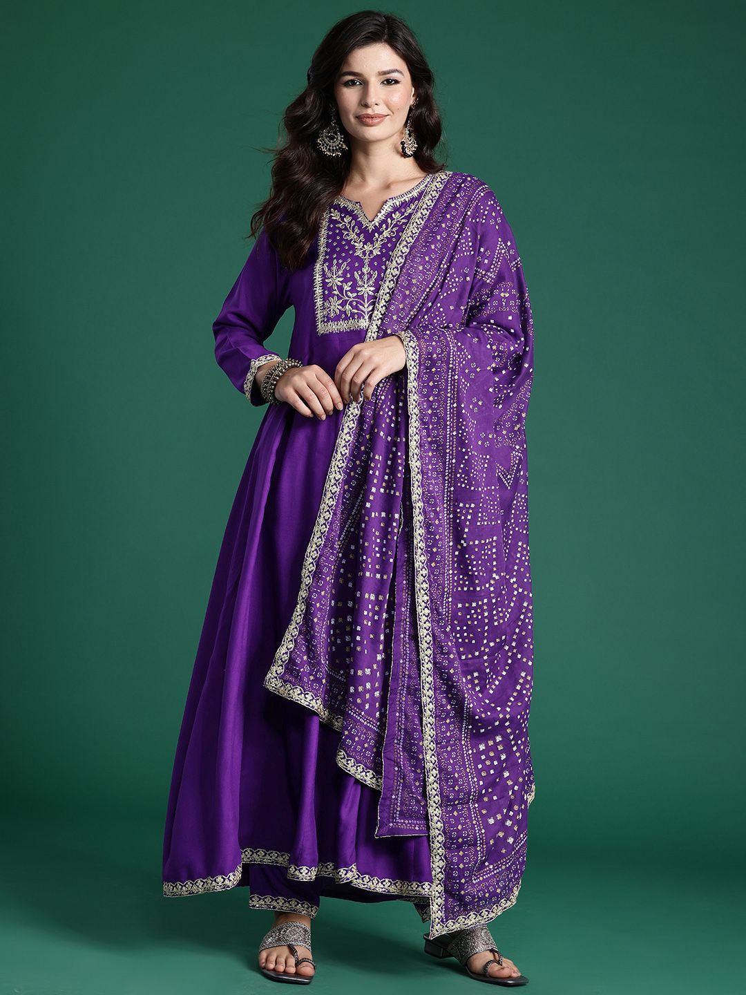 Embroidered Sequinned Kurta With Trousers & Dupatta