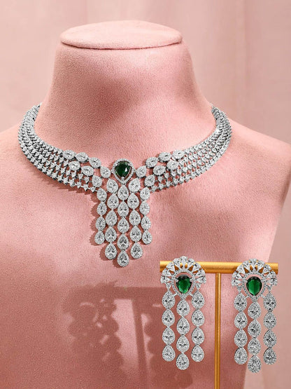 Dhiyona RJ Women's Silver-Plated EmeraldGreen & White CubicZirconia Multilayer Luxurious Jewellery Set