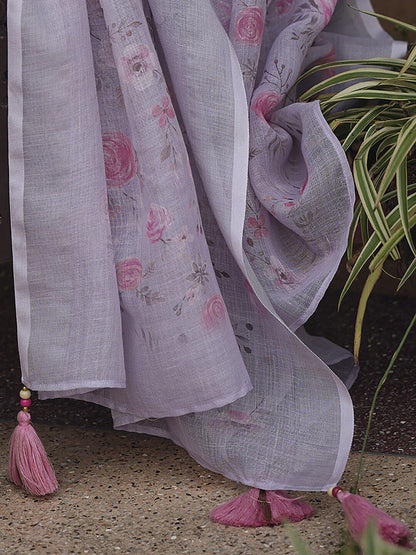 Dhiyona IE Lavender & Pink Floral Embroidered Thread Work Linen Kurta Set