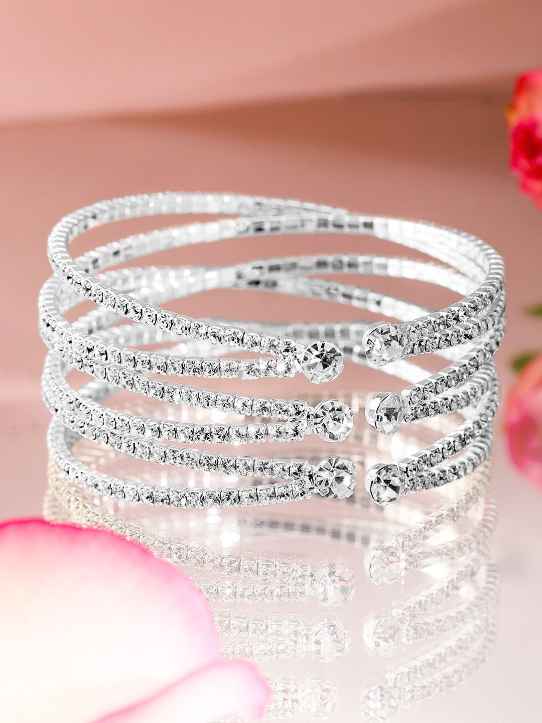Dhiyona RJ Women's Rhodium-Plated Crystals Stone Studded Cuff Bracelet