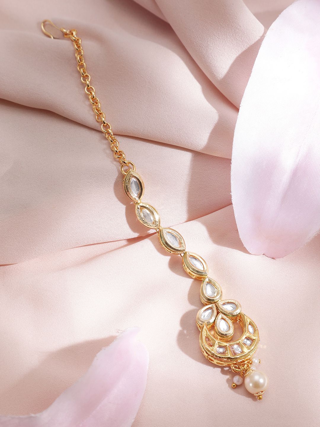 Dhiyona RJ Women's 24K Gold-Plated White Kundan & Pearls Studded Handcrafted Maangtikka