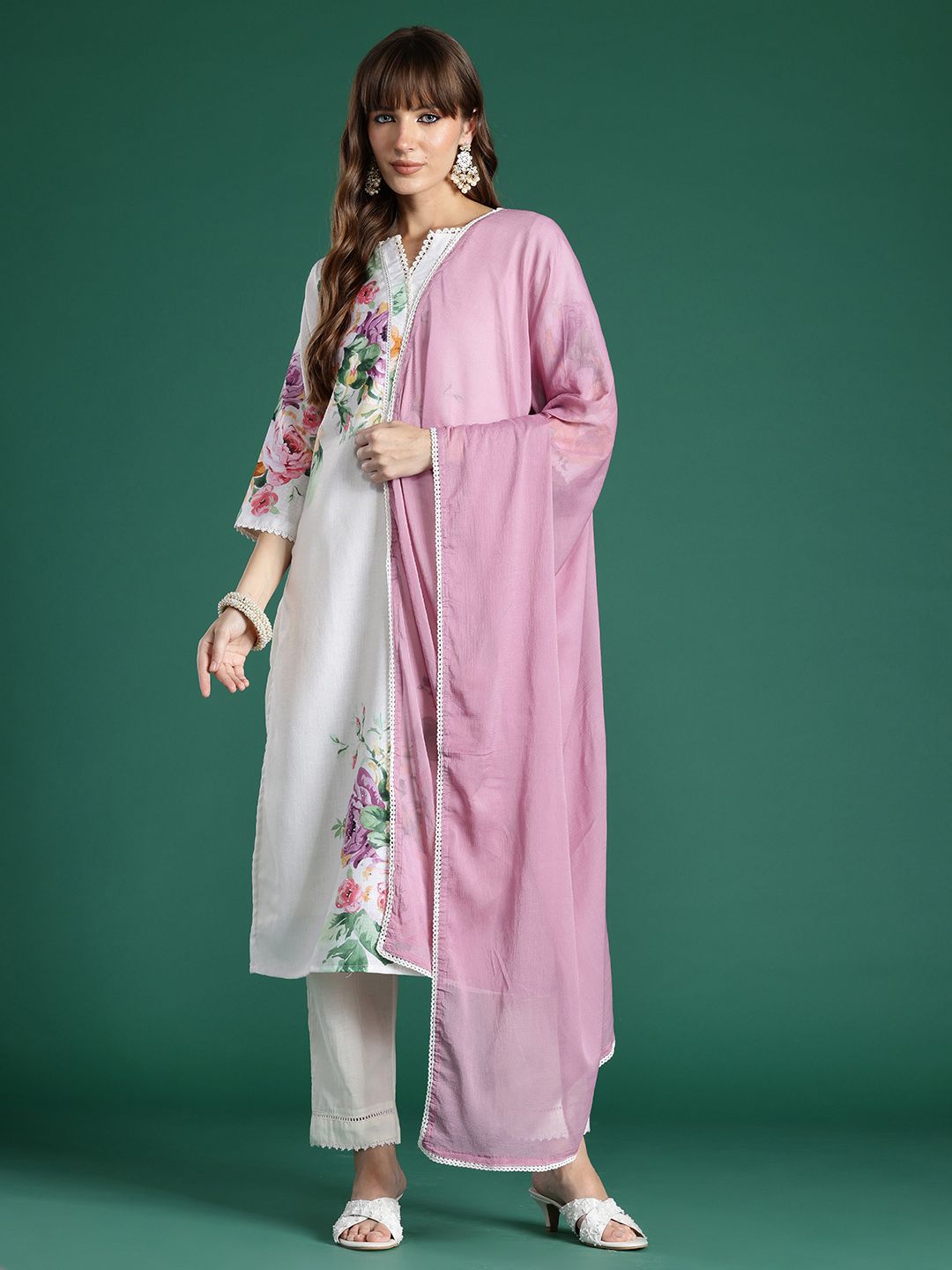 Floral Printed Beads and Stones Linen Kurta with Trousers & With Dupatta